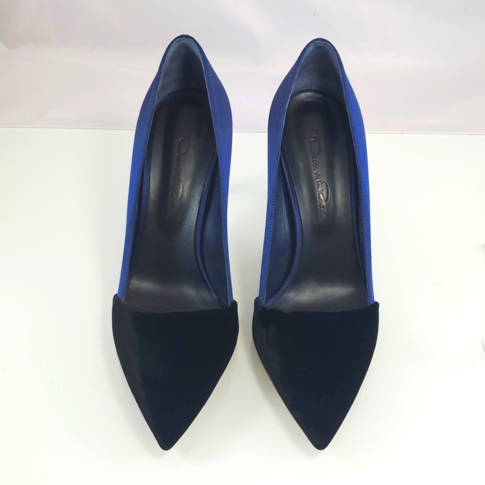 $670 Oscar de la Renta Vik Velvet Satin Blue Black Pumps Heels Sz 38 (US 8) - Picture 8 of 16